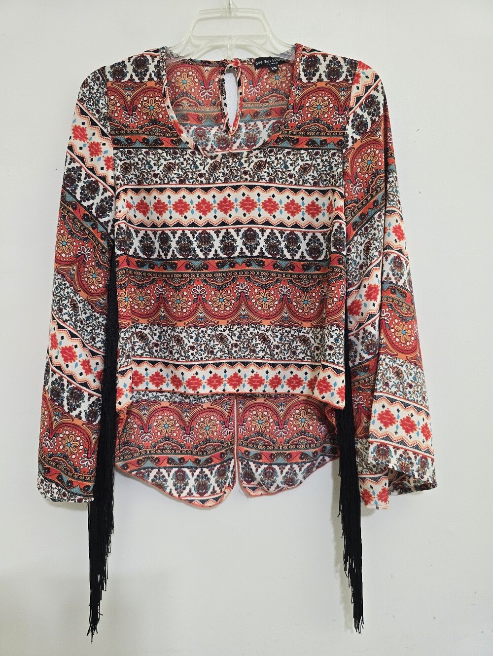 SEE YOU MONDAY size XS Fringe Sleeve Southwestern Paisley Hippie Boho Crop Top
